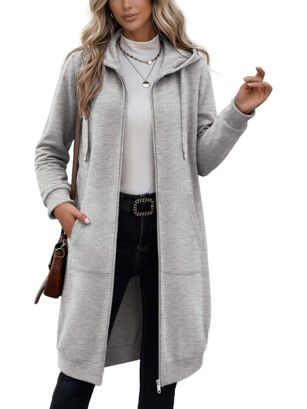Women's Light Grey Longline Fleece Hoodie Oversized Zip Front Duster Jacket